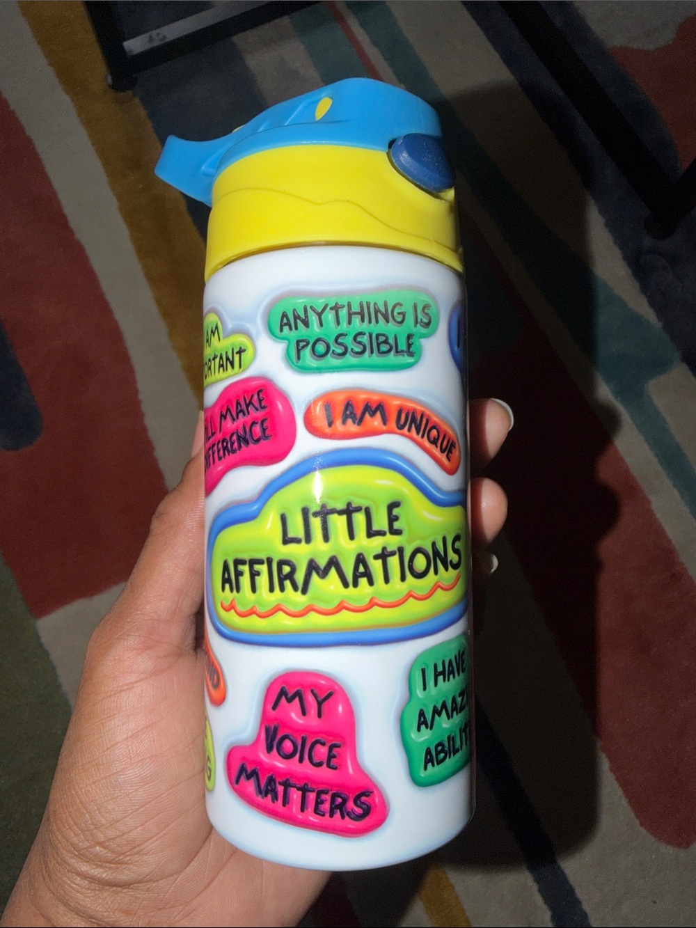 Colorful "Little Affirmations" Kids Sippy Cup - Blue & Yellow Lid